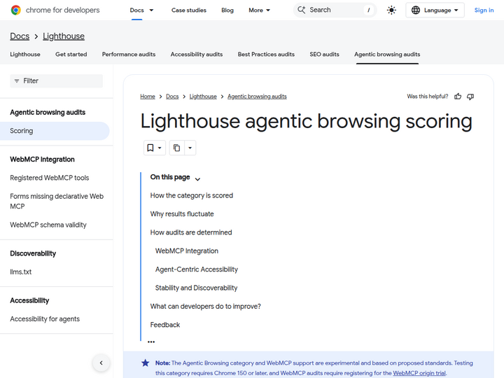 Lighthouse agentic browsing scoring