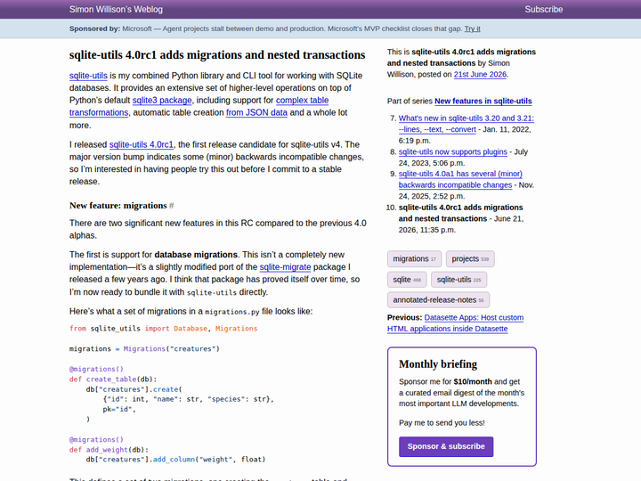 sqlite-utils 4.0rc1 adds migrations and nested transactions