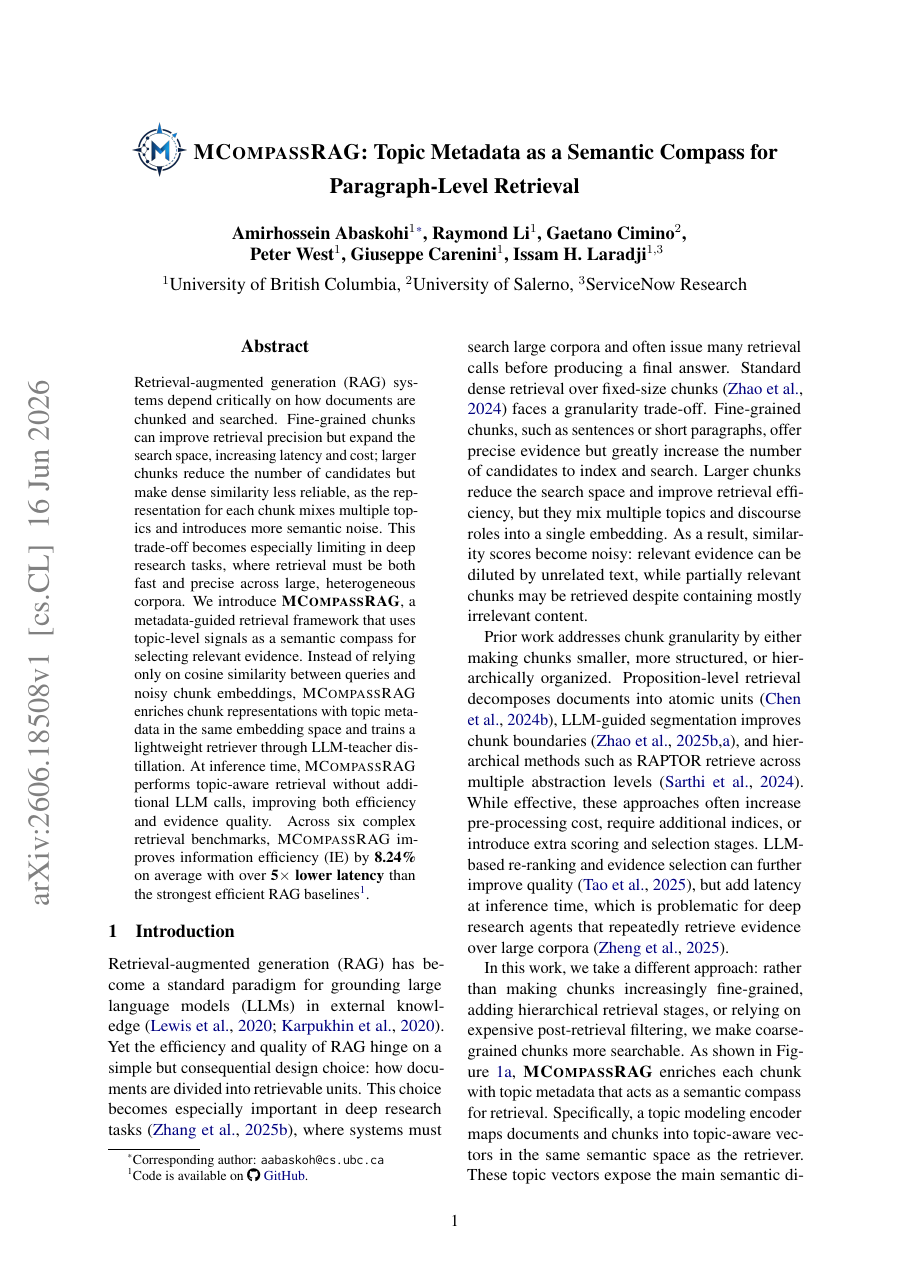 MCompassRAG: Topic Metadata as a Semantic Compass for Paragraph-Level Retrieval