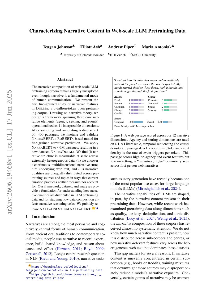 Characterizing Narrative Content in Web-scale LLM Pretraining Data