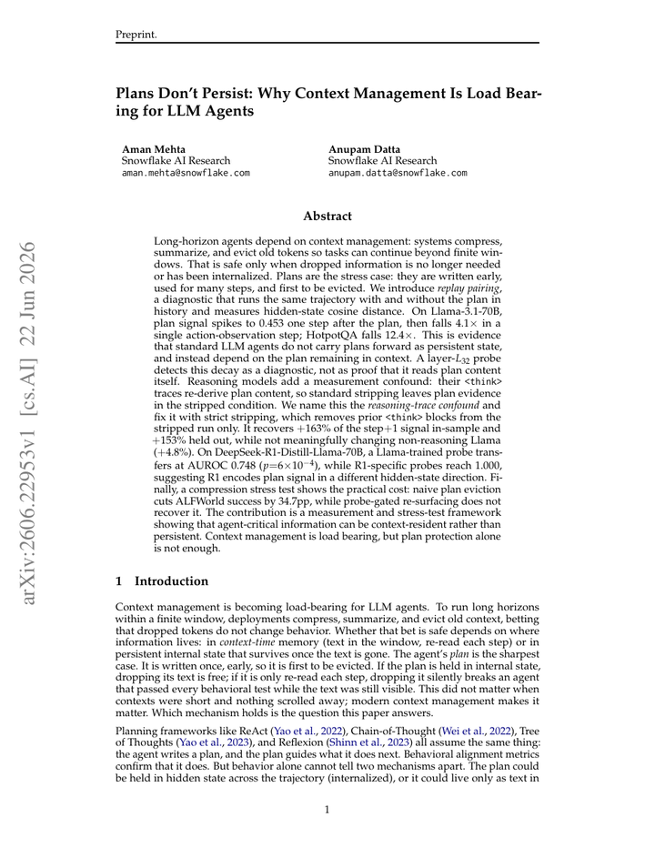 Plans Don't Persist: Why Context Management Is Load Bearing for LLM Agents