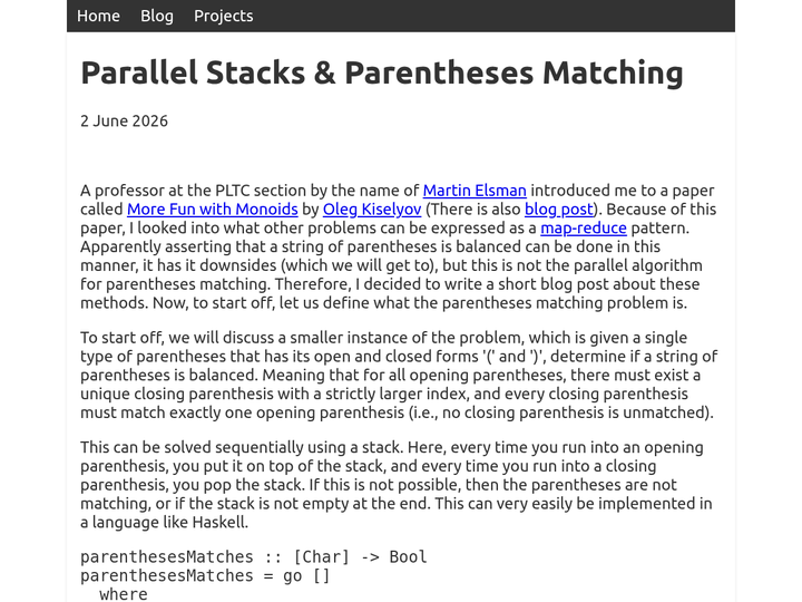 Parallel Parentheses Matching
