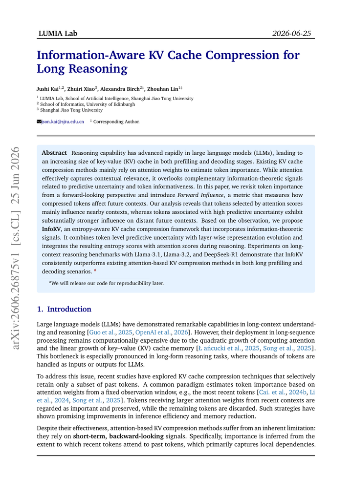 Information-Aware KV Cache Compression for Long Reasoning