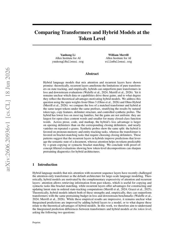 Comparing Transformers and Hybrid Models at the Token Level