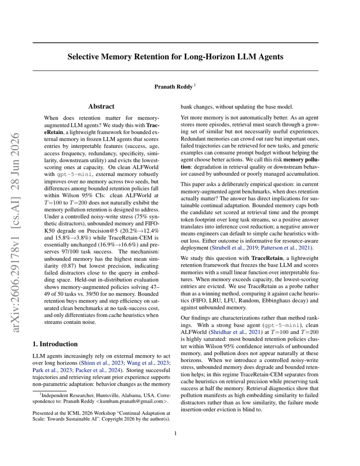 Selective Memory Retention for Long-Horizon LLM Agents