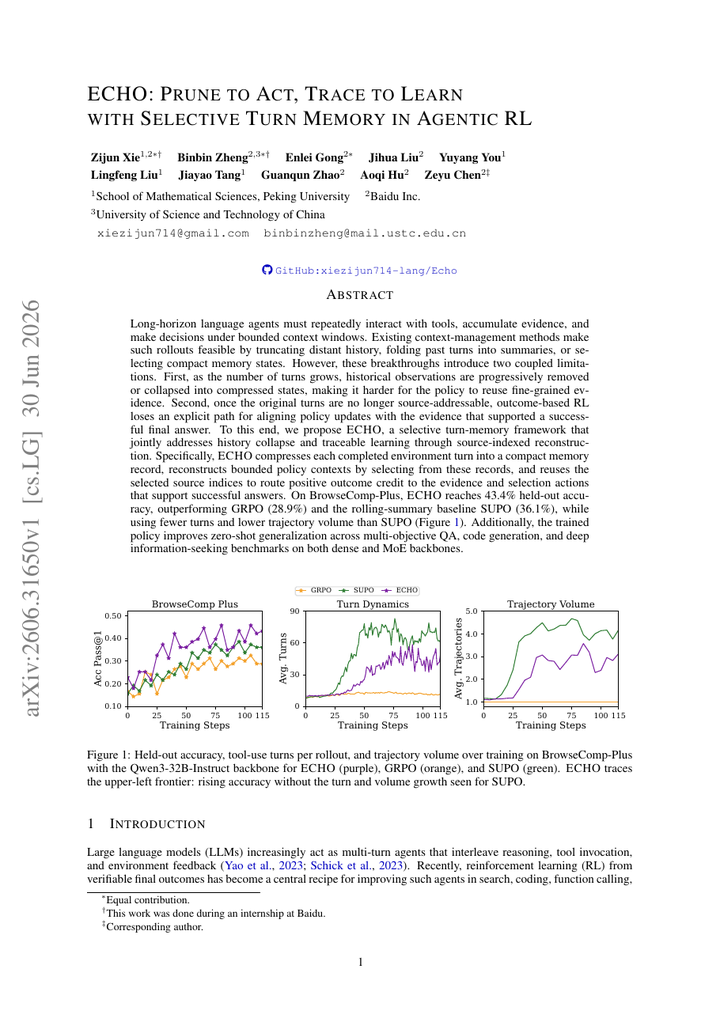 ECHO: Prune to act, trace to learn with selective turn memory in agentic RL