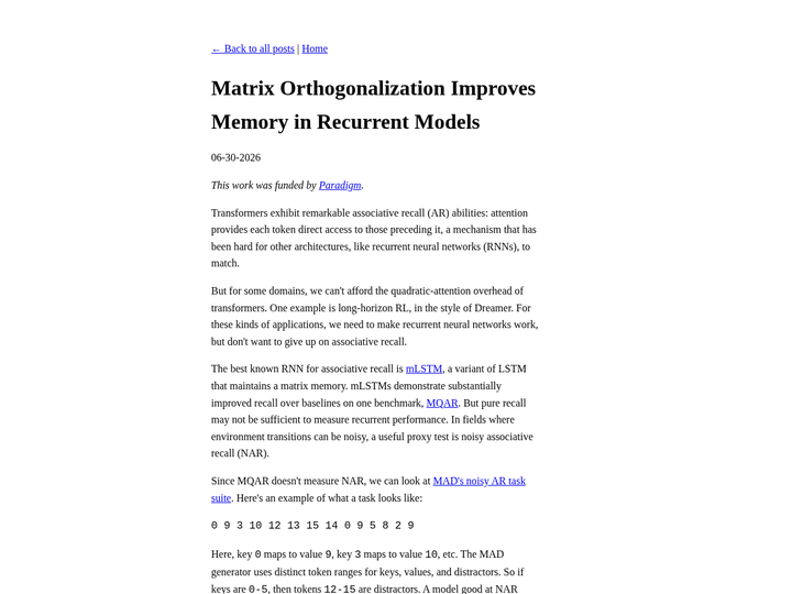 Matrix Orthogonalization Improves Memory in Recurrent Models