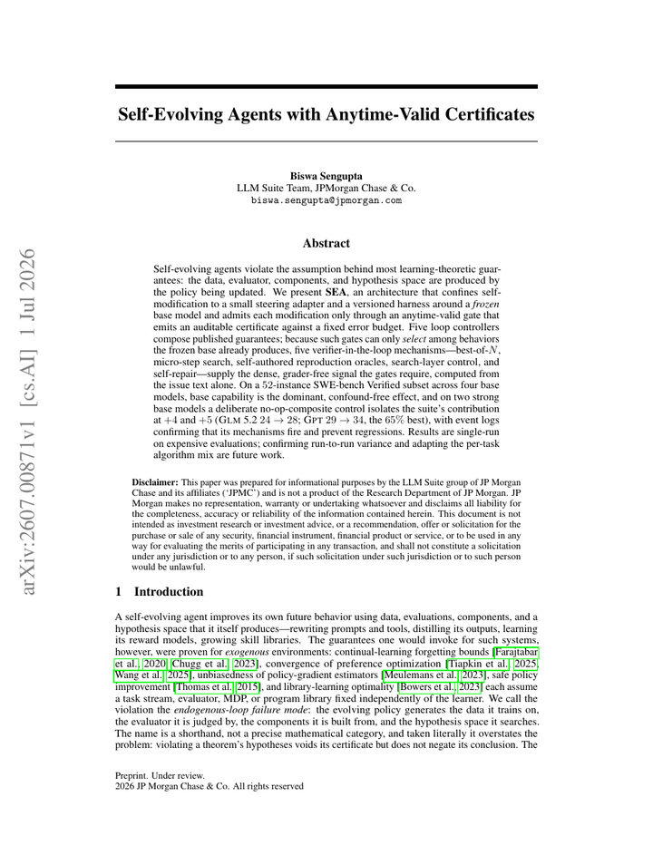 Self-Evolving Agents with Anytime-Valid Certificates