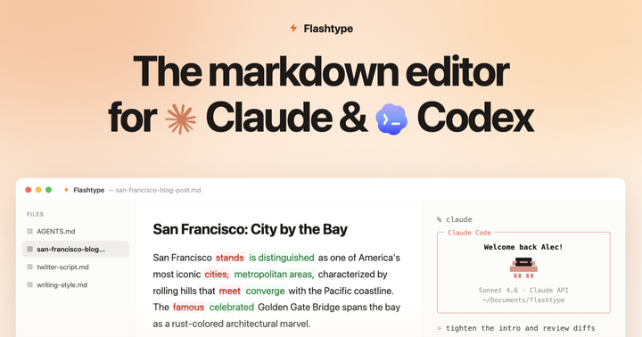 Flashtype - Markdown editor for Claude and Codex with in-line diffs