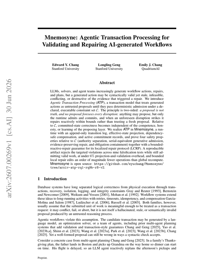 Mnemosyne: Agentic Transaction Processing for Validating and Repairing AI-generated Workflows