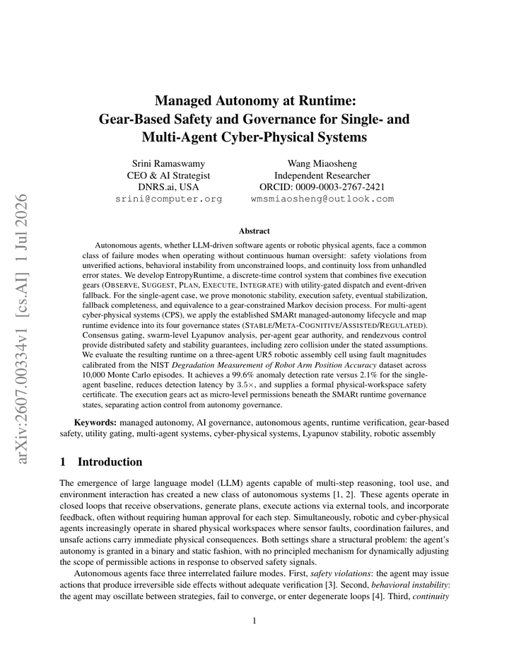Managed Autonomy at Runtime: Gear-Based Safety and Governance for Single- and Multi-Agent Cyber-Physical Systems