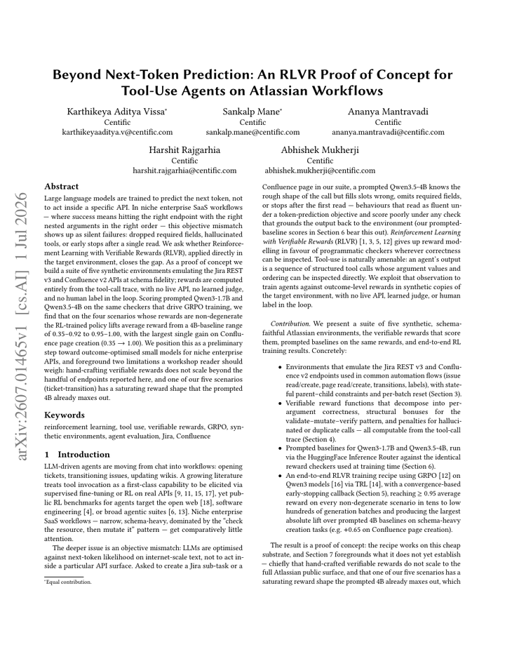 Beyond Next-Token Prediction: An RLVR Proof of Concept for Tool-Use Agents on Atlassian Workflows