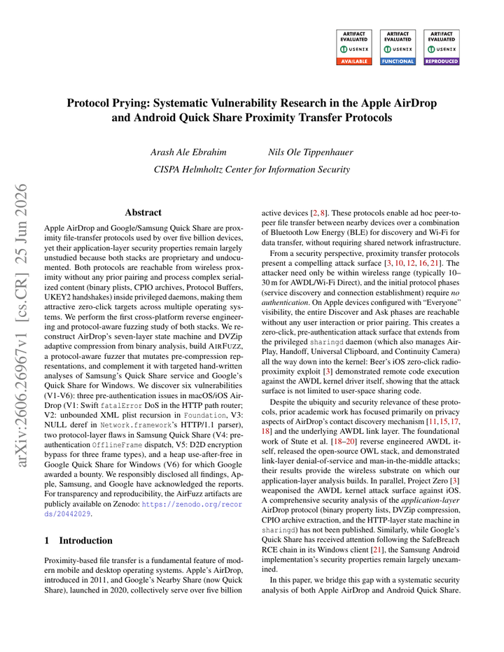 Protocol Prying: Vulnerability Research in AirDrop and Quick Share