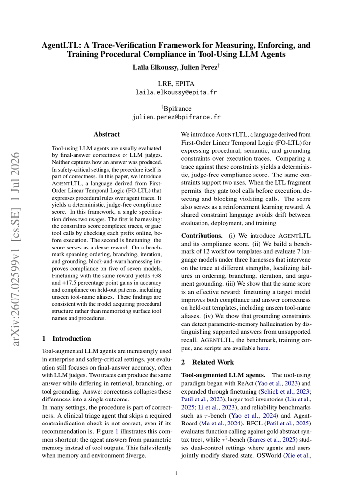 AgentLTL: A Trace-Verification Framework for Measuring, Enforcing, and Training Procedural Compliance in Tool-Using LLM Agents