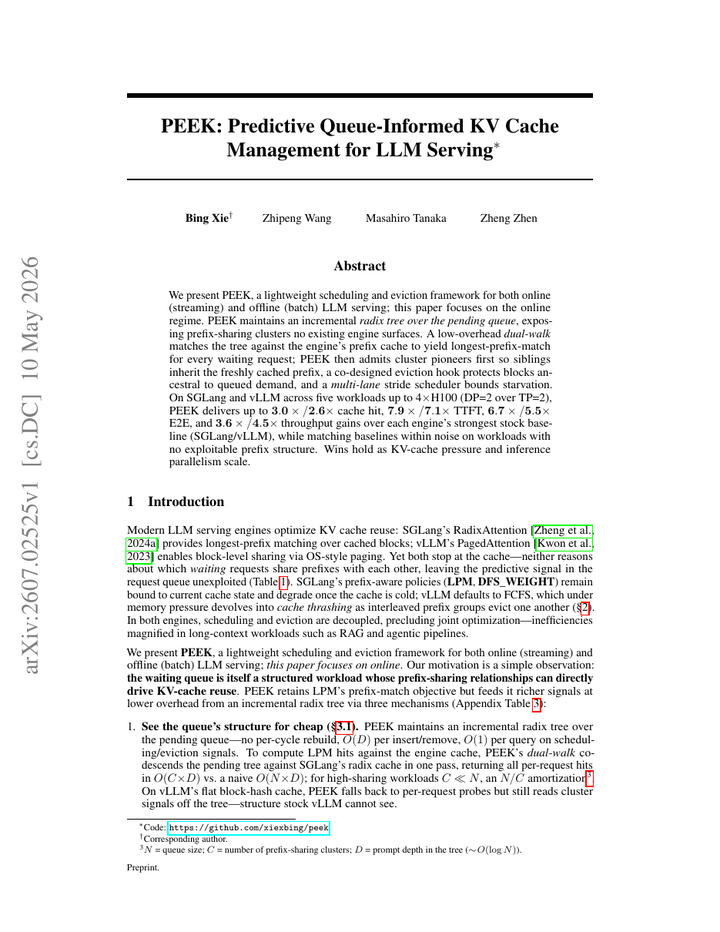 PEEK: Predictive Queue-Informed KV Cache Management for LLM Serving
