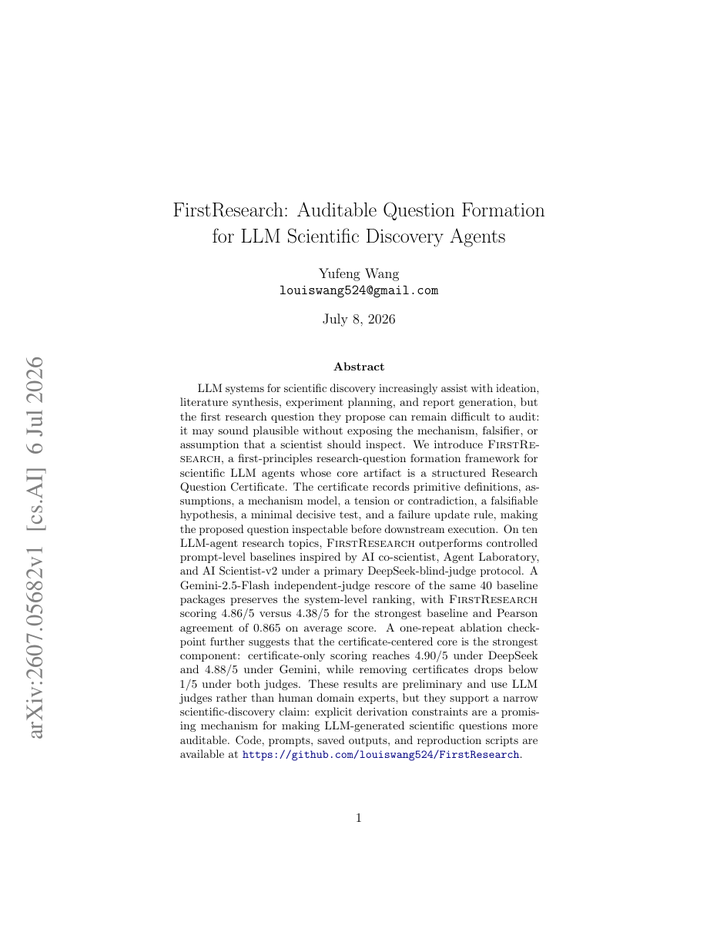 FirstResearch: Auditable Question Formation for LLM Scientific Discovery Agents