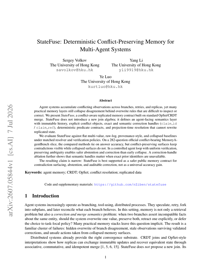 StateFuse: Deterministic Conflict-Preserving Memory for Multi-Agent Systems