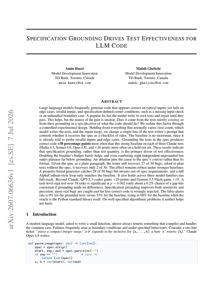 Specification Grounding Drives Test Effectiveness for LLM Code