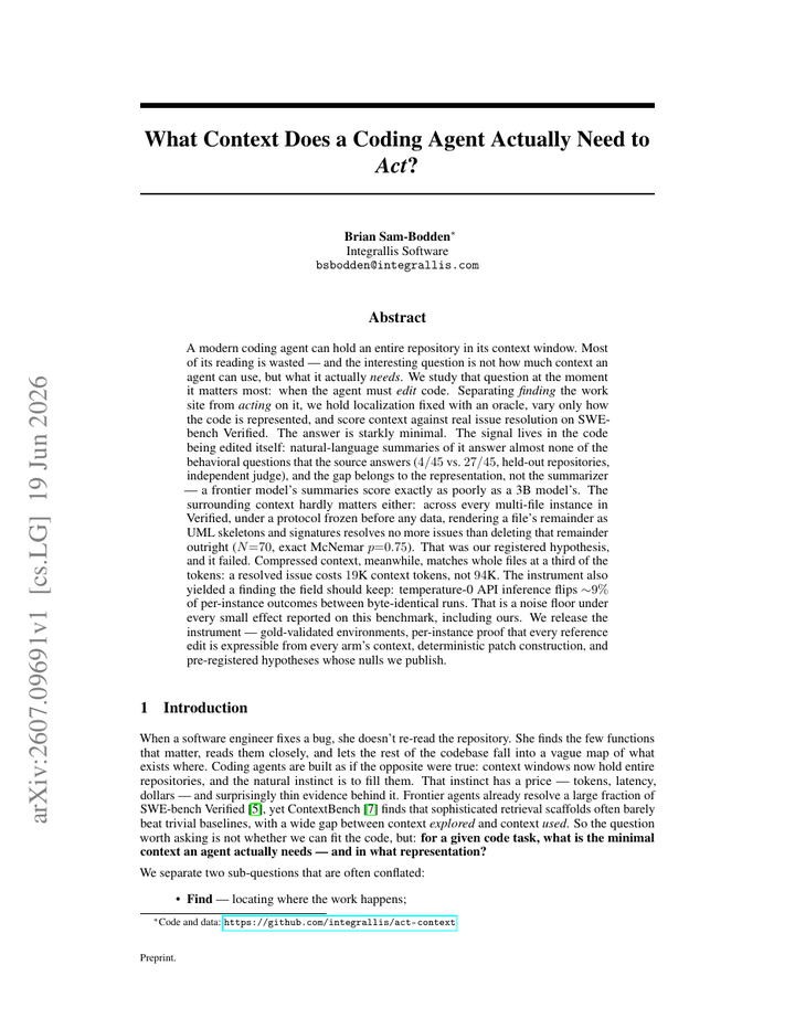 What Context Does a Coding Agent Actually Need to Act?