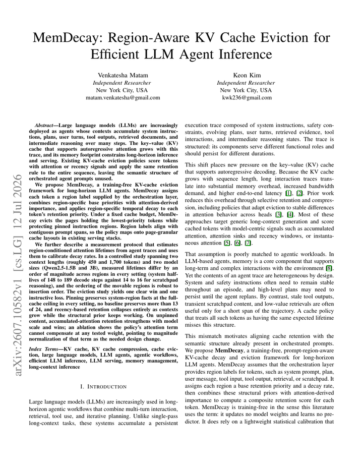 MemDecay: Region-Aware KV Cache Eviction for Efficient LLM Agent Inference