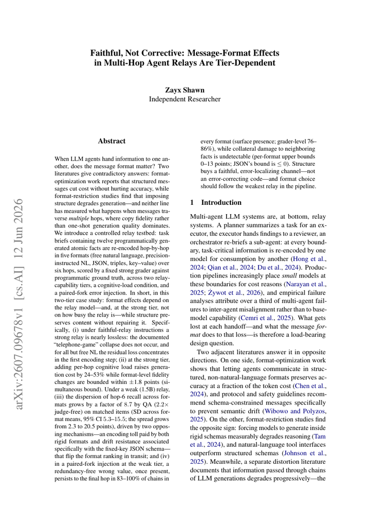 Faithful, Not Corrective: Message-Format Effects in Multi-Hop Agent Relays Are Tier-Dependent