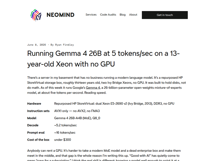 Running Gemma 4 26B at 5 tokens/sec on a 13-year-old Xeon with no GPU