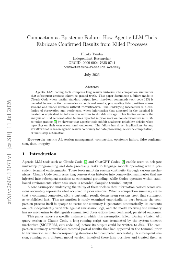 Compaction as Epistemic Failure: How Agentic LLM Tools Fabricate Confirmed Results from Killed Processes