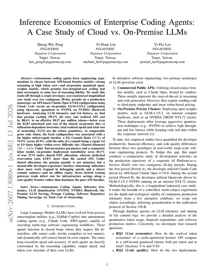 Inference Economics of Enterprise Coding Agents: A Case Study of Cloud vs. On-Premise LLMs