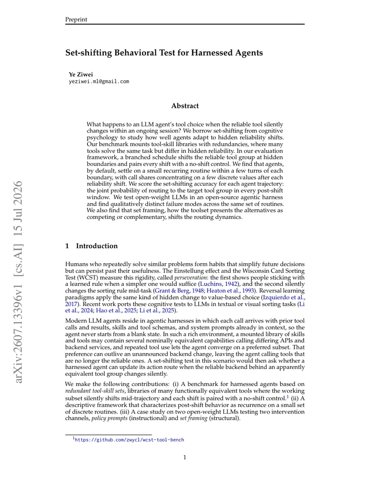 Set-shifting Behavioral Test for Harnessed Agents