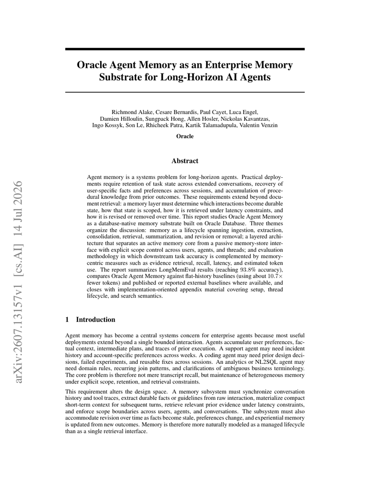 Oracle Agent Memory as an Enterprise Memory Substrate for Long-Horizon AI Agents