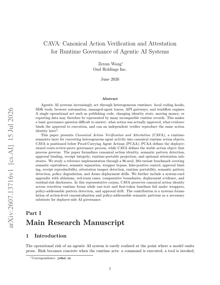 CAVA: Canonical Action Verification and Attestation for Runtime Governance of Agentic AI Systems