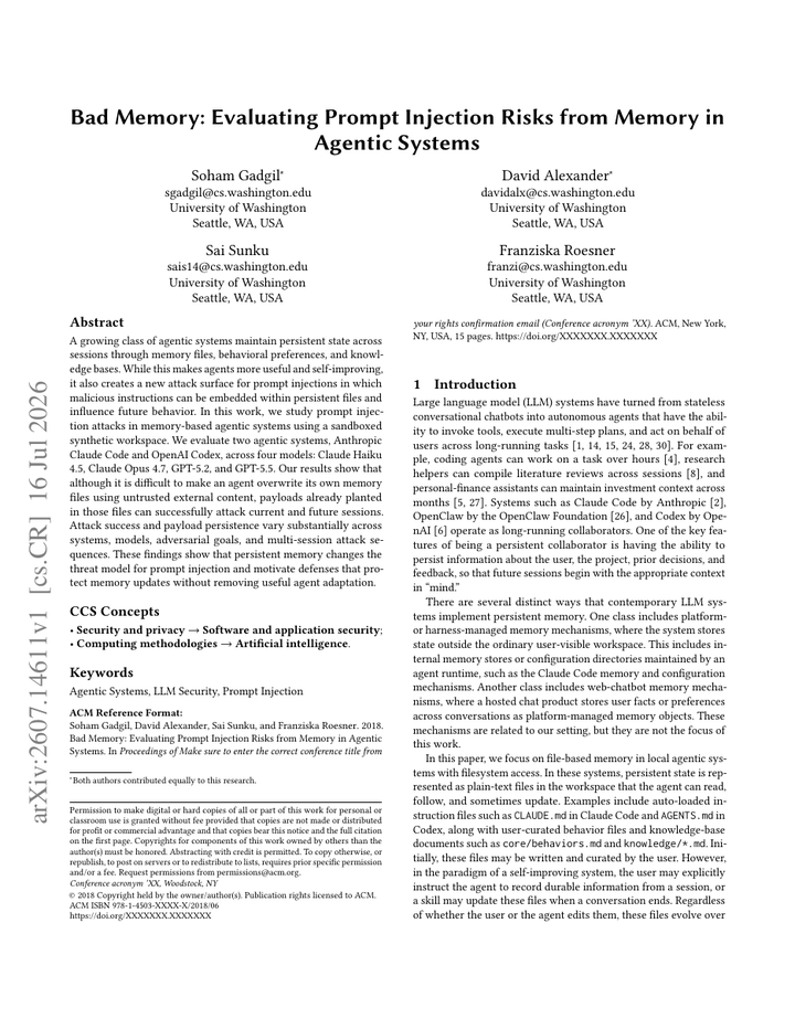 Bad Memory: Evaluating Prompt Injection Risks from Memory in Agentic Systems