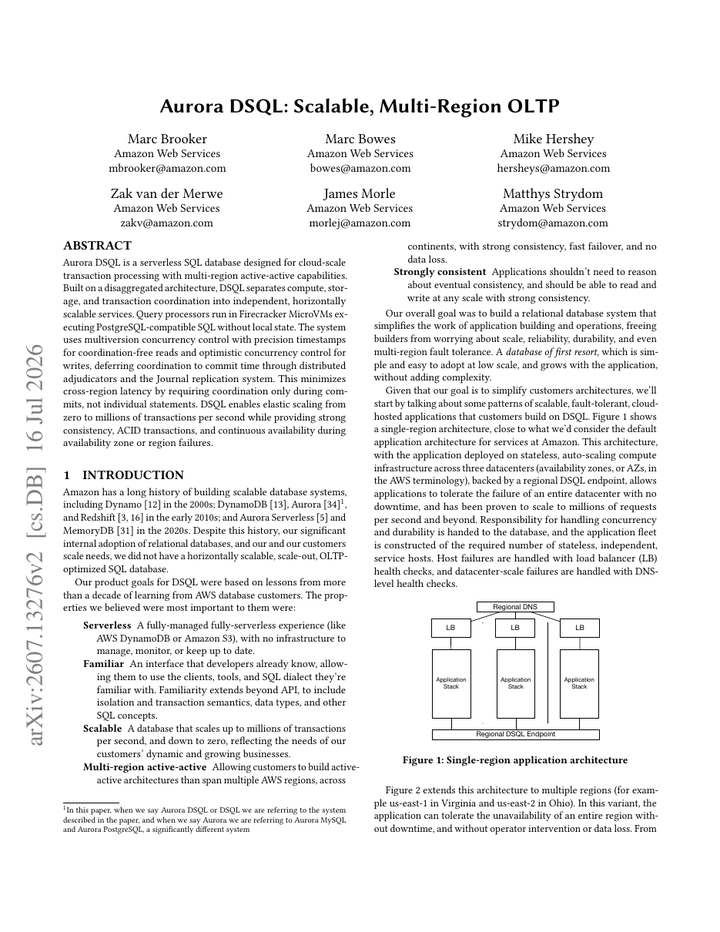 Aurora DSQL: Scalable, Multi-Region OLTP