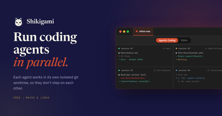 Shikigami, run AI coding agents in parallel, each in a Git worktree