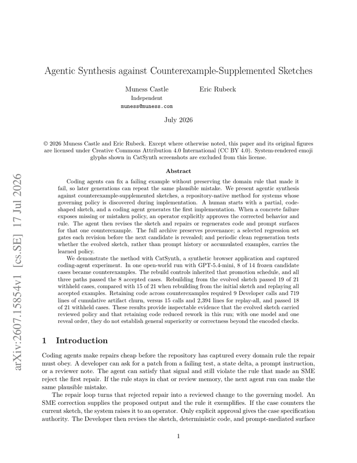 Agentic Synthesis against Counterexample-Supplemented Sketches