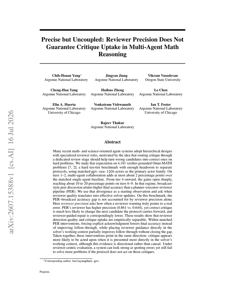 Precise but Uncoupled: Reviewer Precision Does Not Guarantee Critique Uptake in Multi-Agent Math Reasoning
