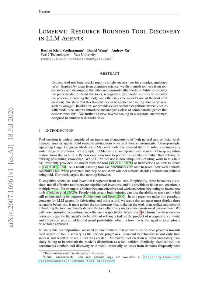 Lomekwi: Resource-Bounded Tool Discovery in LLM Agents