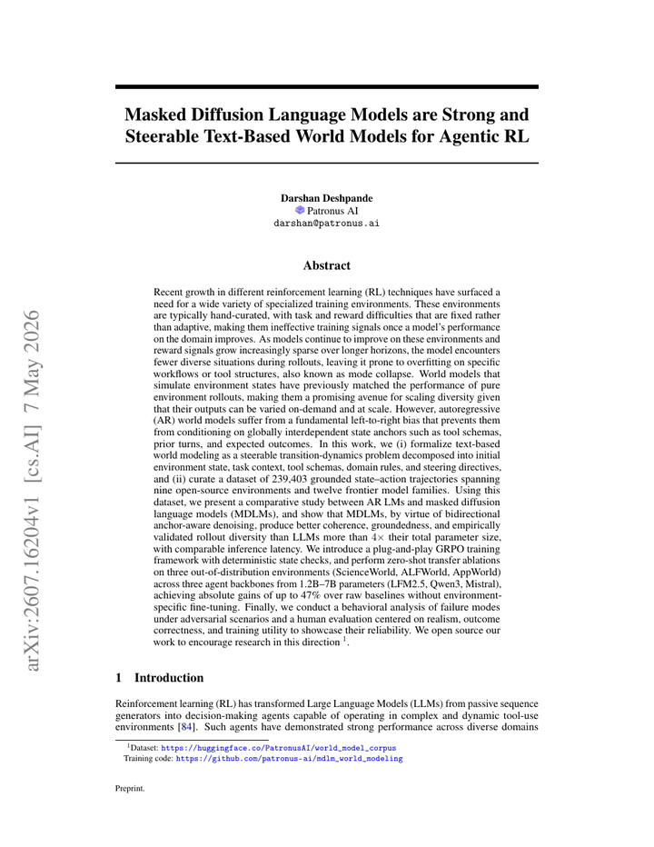 Masked Diffusion Language Models are Strong and Steerable Text-Based World Models for Agentic RL