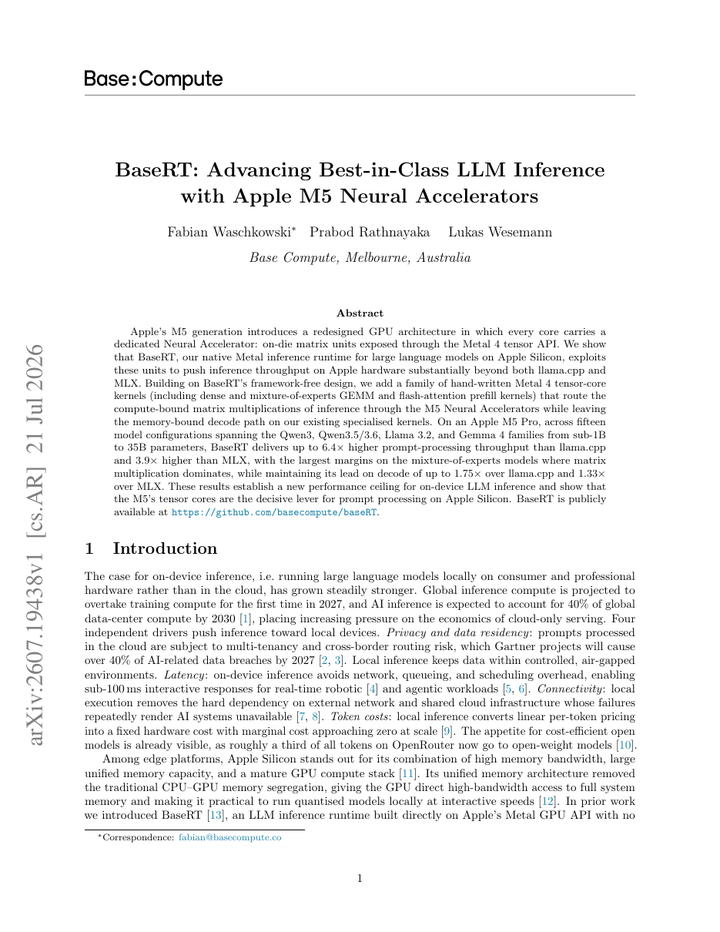 BaseRT: Advancing Best-in-Class LLM Inference with Apple M5 Neural Accelerators