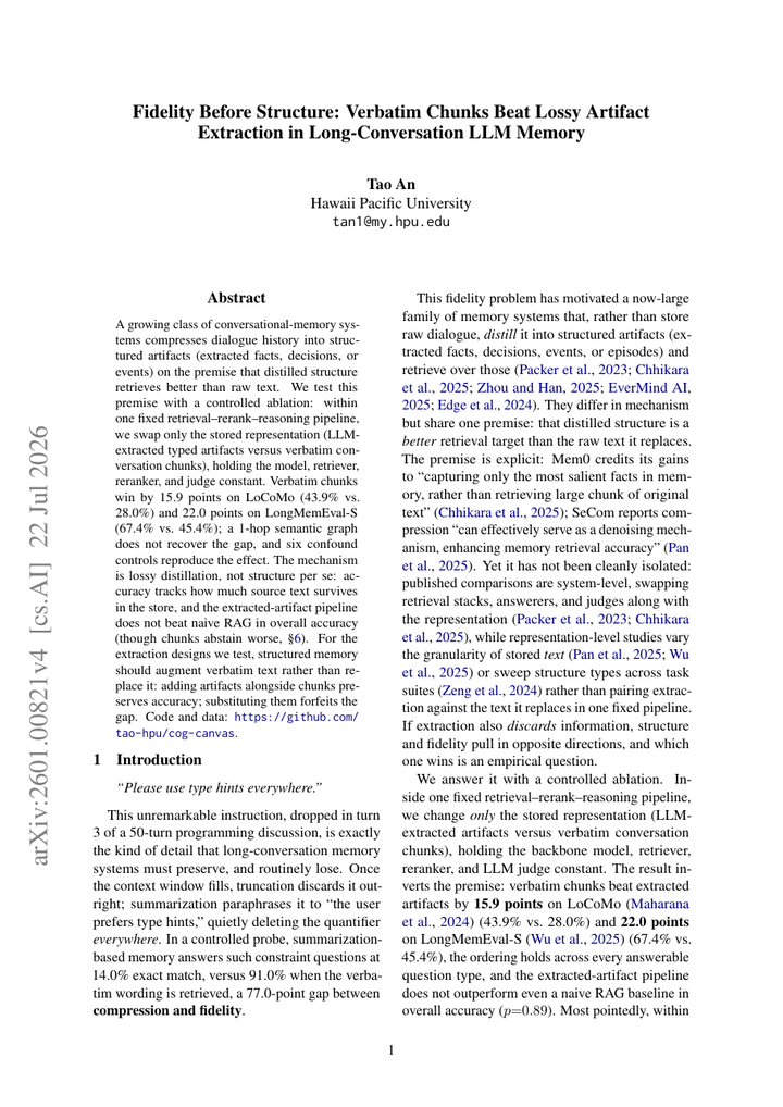 Fidelity Before Structure: Verbatim Chunks Beat Lossy Artifact Extraction in Long-Conversation LLM Memory