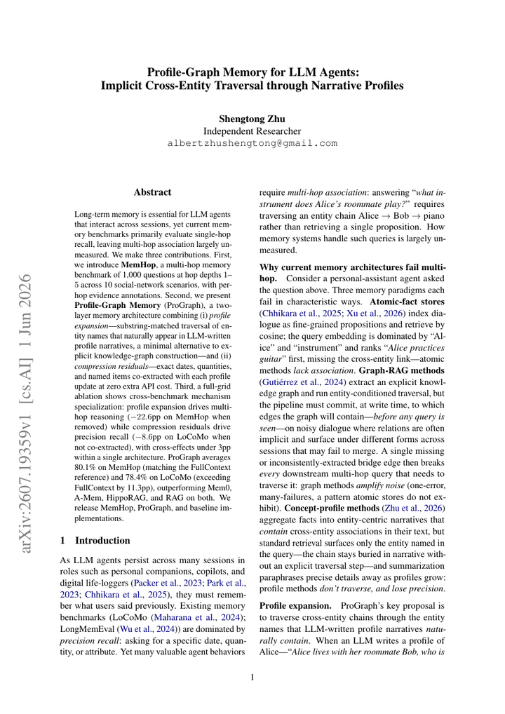 Profile-Graph Memory for LLM Agents: Implicit Cross-Entity Traversal through Narrative Profiles