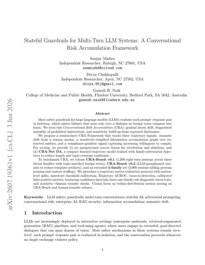 Stateful Guardrails for Multi-Turn LLM Systems: A Conversational Risk Accumulation Framework
