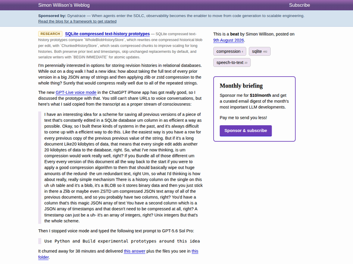 SQLite compressed text-history prototypes