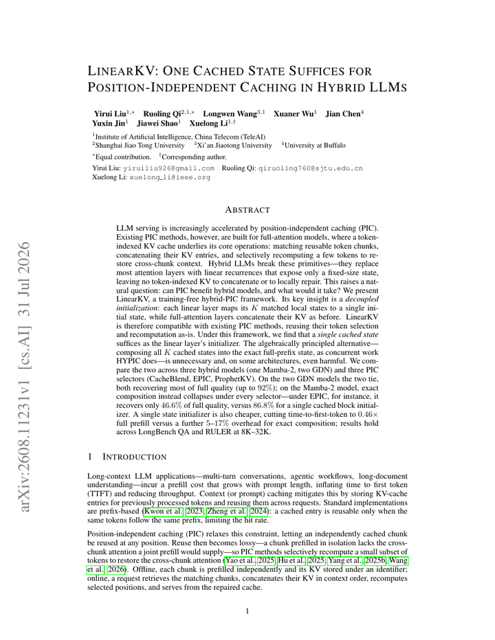 LinearKV: One Cached State Suffices for Position-Independent Caching in Hybrid LLMs