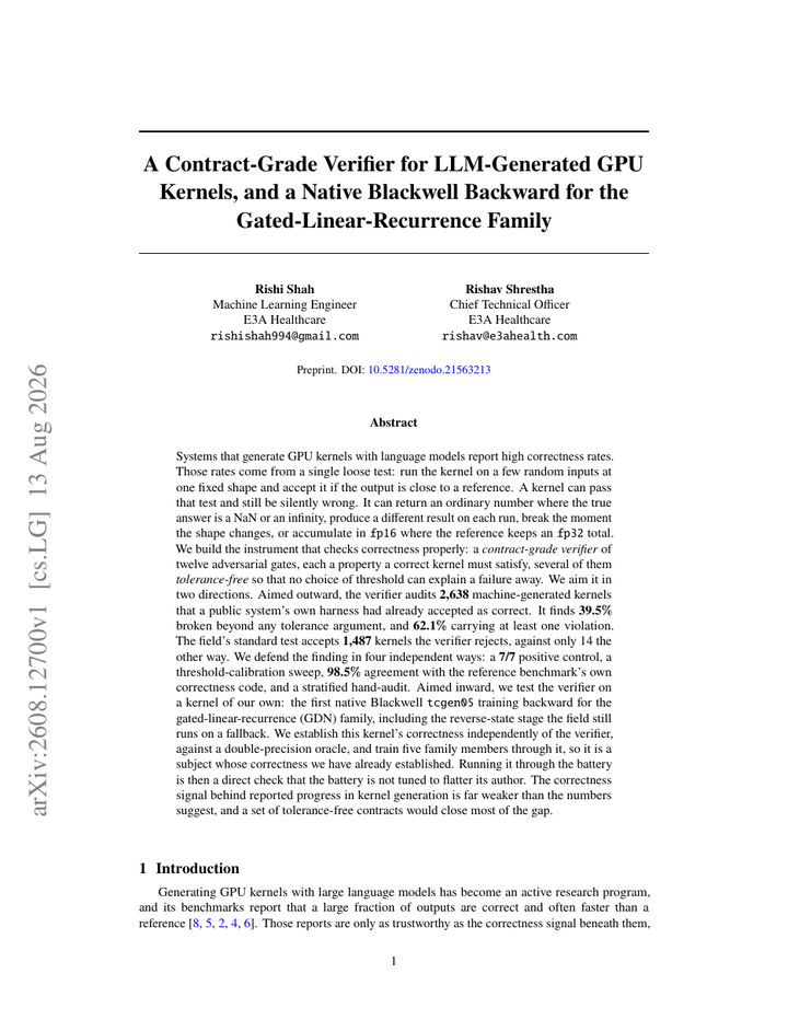 A Contract-Grade Verifier for LLM-Generated GPU Kernels
