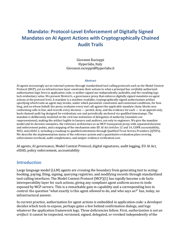 Mandato: Protocol-Level Enforcement of Digitally Signed Mandates on AI Agent Actions