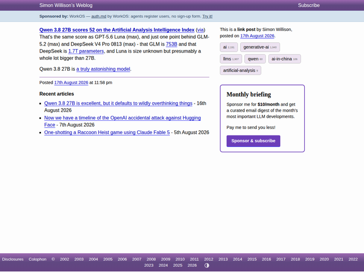 Qwen 3.8 27B scores 52 on the Artificial Analysis Intelligence Index