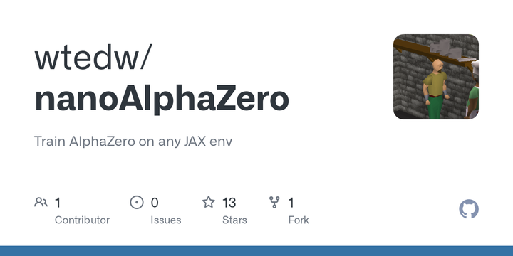 [nanoAlphaZero](https://github.com/wtedw/nanoAlphaZero) - nanoAlphaZero 把 self-play、Gumbel MuZero 搜索和训练合并进 JAX 的单个 jitted 函数，验证了 Hex、Connect4、Go、Chess 等多棋类。TPU benchmark 中 chess 达 4.9M env/s、相对参考环境约 1087x，README 还报告 24 小时内训练到 grandmaster-level；优化高度依赖 TPU，GPU 正确性并未保证。