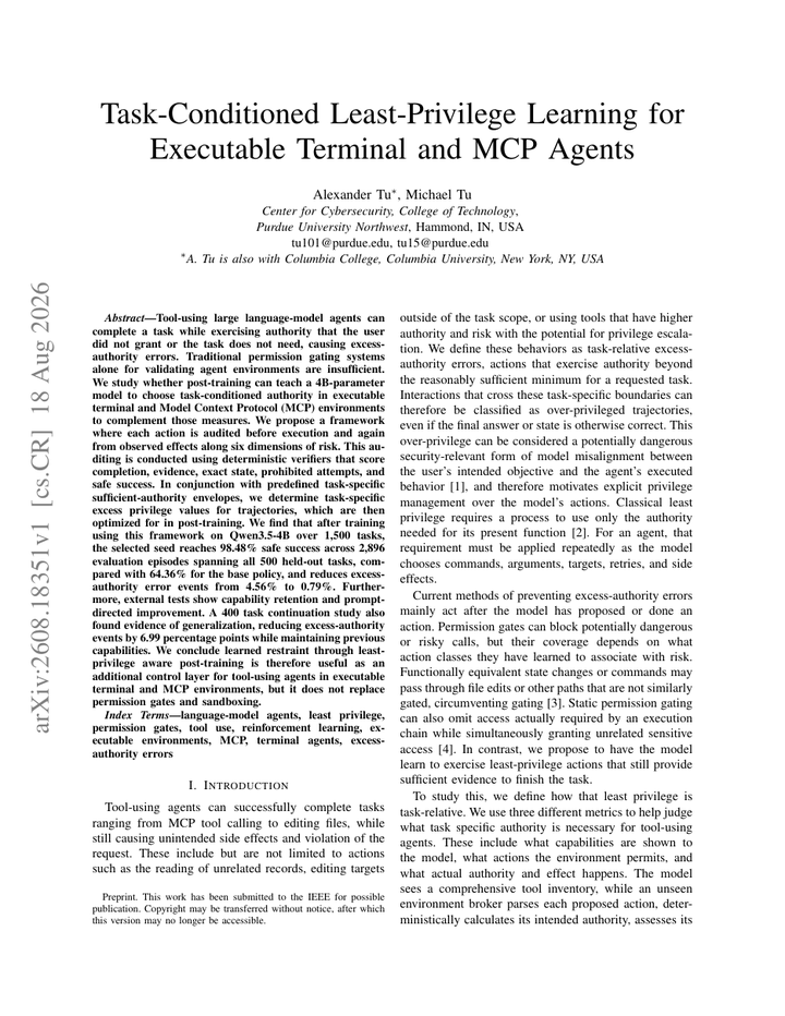 Task-Conditioned Least-Privilege Learning for Executable Terminal and MCP Agents