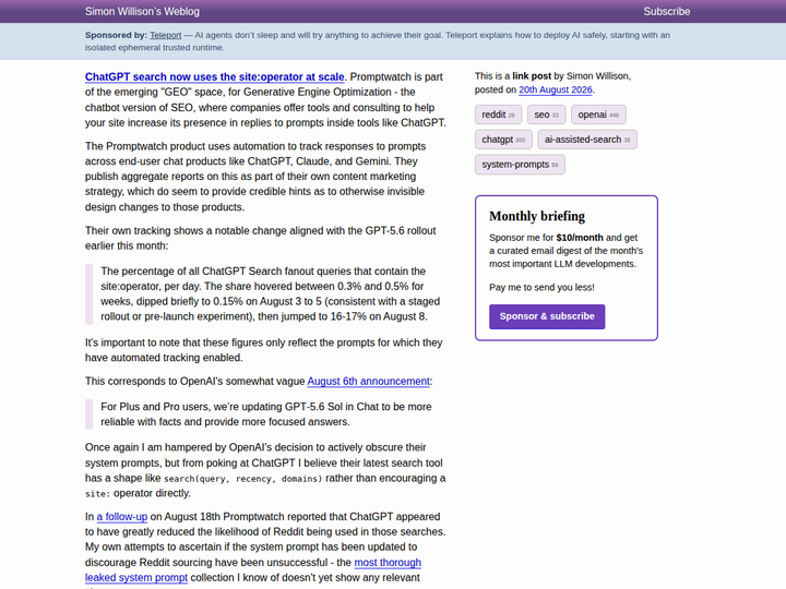 ChatGPT search now uses the site: operator at scale
